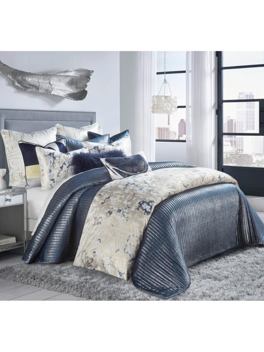 Cloud 9 Design King Maya Velvet with with Shams - Navy & Silver